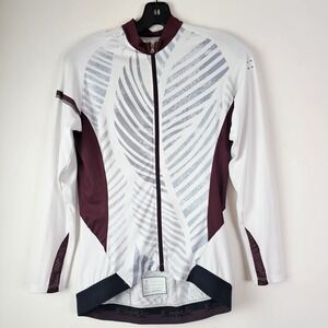 Santic Womens Cycling Jersey M Long Sleeve Full Zip Pockets White Burgundy Leaf